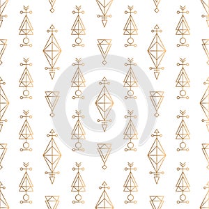 Geometric linear vector seamless pattern. Gold and white hipster symbols background