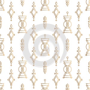 Geometric linear vector seamless pattern. Gold and white hipster symbols background