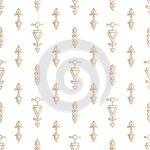 Geometric linear vector seamless pattern. Gold and white hipster symbols background