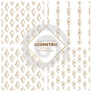 Geometric linear vector seamless patterns set. Gold and white hipster symbols backgrounds collection