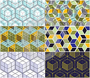 Geometric lines abstract seamless patterns set, 3d vector backgrounds cubes collection. Technology style engineering line drawing