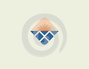 Geometric logo icon sunset with rays and solar panels, alternative energy