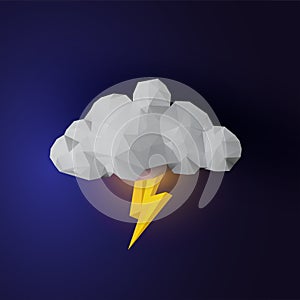 Geometric low poly 3d cloud with lightning bolt vector illustration