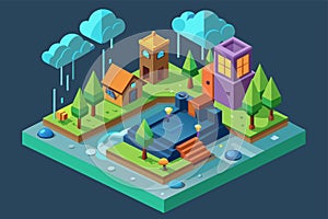 Geometric low polygonal rendering of a park with trees, benches, and a walking path under a cloudy sky, Raining Customizable