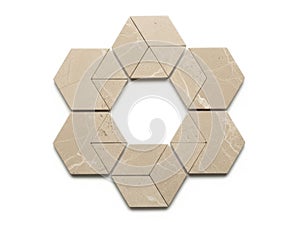 Geometric marble mosaic in hexagonal pattern isolated on white background