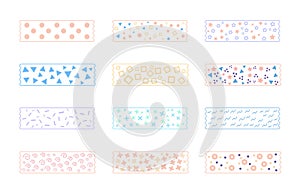 geometric masking tape washi sticker strips for text decoration. Set of colorful patterned washi tape. Vector illustration