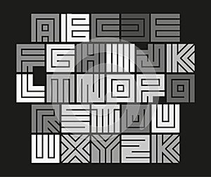 Geometric maze alphabet. Isolated unusual tile letters set, abstract vector white font on black background.