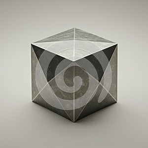 A geometric, metallic 3D object featuring a cube shape with triangular facets on its