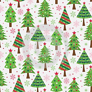 Geometric minimal decorative Christmas trees seamless pattern in green, red and pink with snowflakes and stars on white