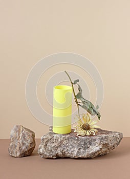 Geometric minimalist composition with natural material stone and bright modern yellow geometric shapeswith dried floral sunflower