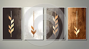 Geometric Minimalistic Wheat Paintings Set Of 4 In Gold And Brown