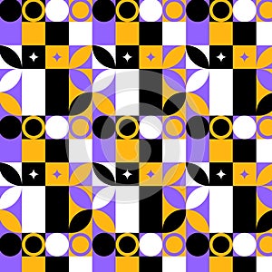 Geometric modern seamless pattern with petals circles rings stars diamonds yellow black purple white vector image