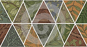 Geometric mosaic composed of triangular sections, each featuring detailed botanical