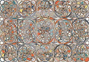 Geometric mosaic featuring interlocking circles and complex shapes,