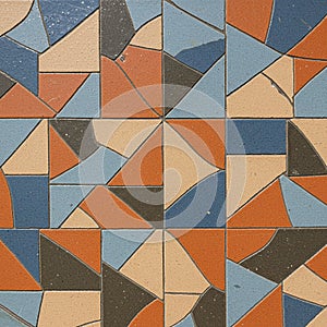 Geometric mosaic pattern featuring abstract designs with interlocking shapes. The