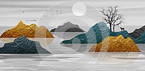 Geometric mountain art. The moon and the sun. Watercolor illustrations printmaking, wall art, cover and invitation CARDS.