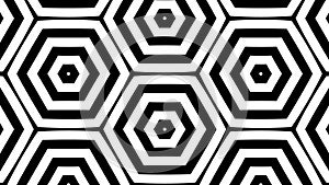 Geometric moving black psychedelic pattern, hexagonal seamless looping background with honeycomb