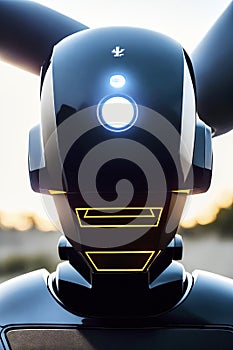 Geometric no-frills head of a robot with cyclopean lens in the center of the forehead and clean sharp lines, made with generative