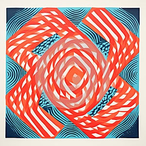 Geometric Op Art Painting: Red And Blue Swirls On Blue Background