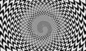 Geometric optical illusion design. Circle psychedelic pattern. White and black art background