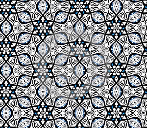 Geometric optical illusion vibration design. Pentagon black and white colors seamless pattern.