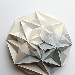 Geometric origami sculpture with a complex pattern of triangular facets. The colors