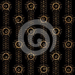 Geometric ornament gold seamless pattern. Modern art deco texture. Gold trendy glitter print on black background