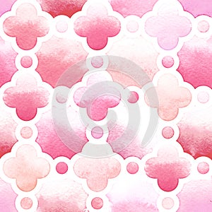 Geometric ornament of pink colors with quatrefoil and circle on white background. Watercolor seamless pattern photo