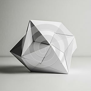 Geometric paper sculpture featuring interlocking triangular and polygonal facets, creating a