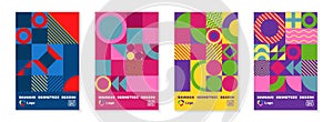 Geometric pattern backgrounds. Bauhaus posters. Abstract minimal flat shapes. Modern textures. Colorful circles and