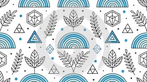 Geometric Pattern with Blue Arcs Leaves and Triangles on White Background