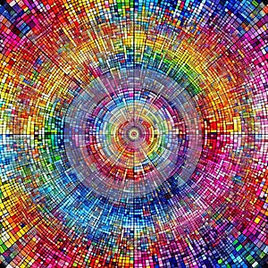 A geometric pattern of colorful squares arranged in a circle, creating a radial design.