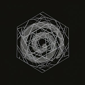 A geometric pattern composed of interlocking white lines forming a hexagonal shape