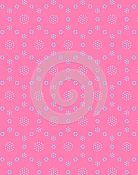 Geometric pattern of delicate pastel white and blue polka dots isolated on a pink background