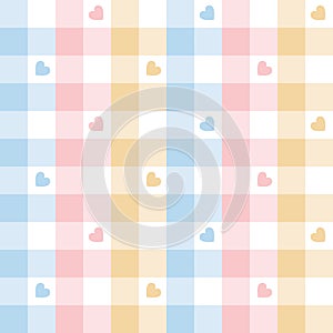 Geometric pattern for Easter holiday in pastel pink, blue, yellow. Seamless multicolored gingham vichy tartan check plaid.