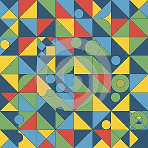 Geometric pattern featuring an array of shapes, including triangles, circles,