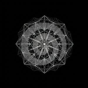 A geometric pattern featuring a complex, symmetrical design made from thin, white