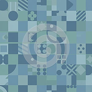 Geometric pattern featuring a grid of various blue and green squares, each containing