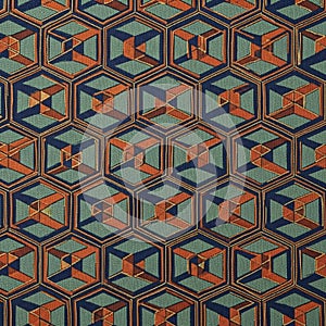 Geometric pattern featuring interlocking hexagons with a 3D cube