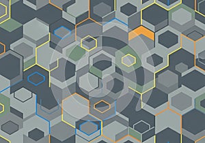 Geometric pattern featuring interlocking hexagons in various shades of gray, with