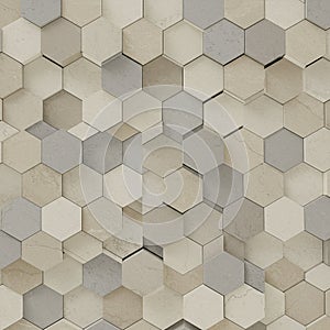 A geometric pattern featuring a series of interlocking hexagons in shades of beige,