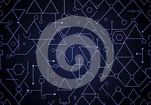 Geometric pattern with interconnected shapes including triangles, hexagons, and circles on a dark