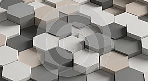 Geometric pattern with interlocking hexagonal tiles in shades of gray, beige, and