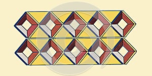 Geometric pattern of interlocking hexagons and triangles in yellow red gray and blue colors