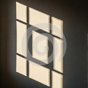 Pattern of light and shadow cast on a beige wall forms a rectangular