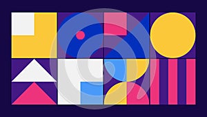 Geometric pattern loop. Circles, squares animation. Modernist abstract background. Bauhaus Design style. Blue, white, pink, purple