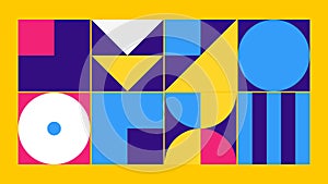 Geometric pattern loop. Circles, squares animation. Modernist abstract background. Bauhaus Design style. Blue, white, pink, purple