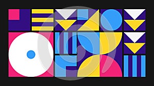 Geometric pattern loop. Circles, squares animation. Modernist abstract background. Bauhaus Design style. Blue, white, pink, purple