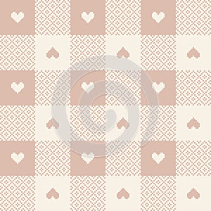 Geometric pattern with love hearts for Valentines Day in pink and beige. Pixel textured gingham tartan check plaid for gift paper.