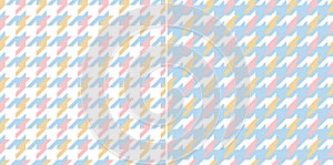 Geometric pattern in pastel blue, pink, yellow, white with houndstooth check plaid. Seamless colorful light dog tooth print.